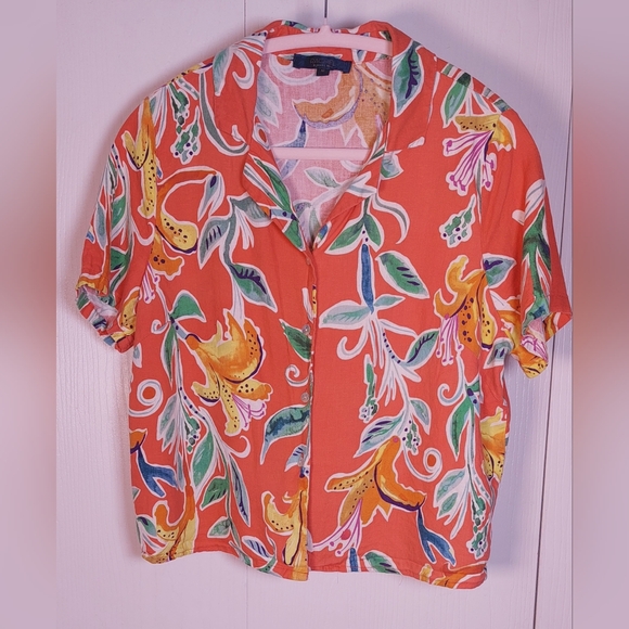 RACHEL Rachel Roy Tops - Rachel Roy Colorful Linen Blend Cropped Button Front Blouse Size Medium Tropical
